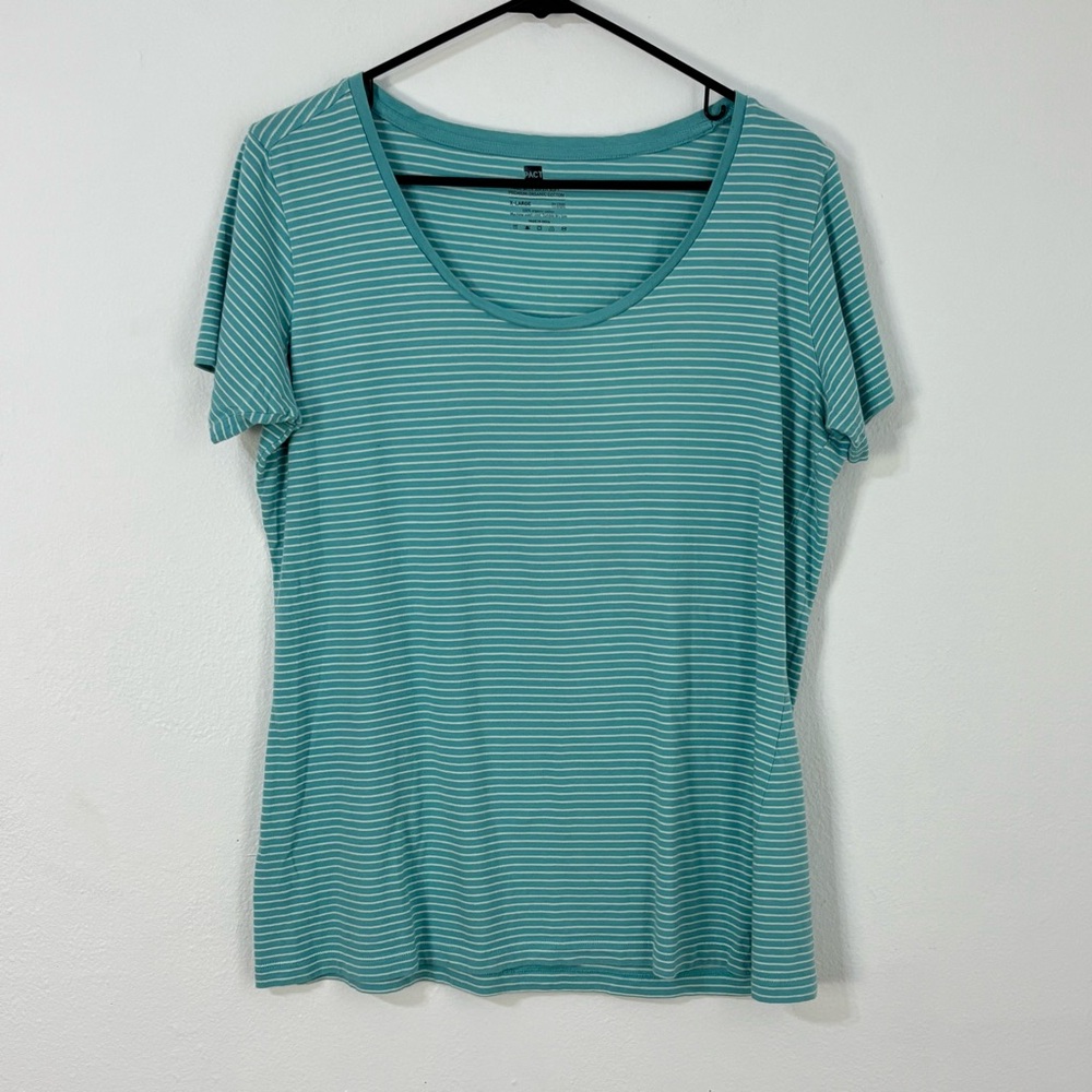Pact Women's Teal and White Striped Short Sleeve Tee